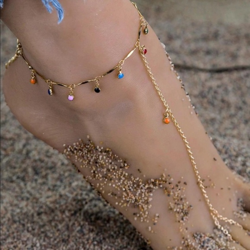 Toe Linked Gemstone Tassel Anklet